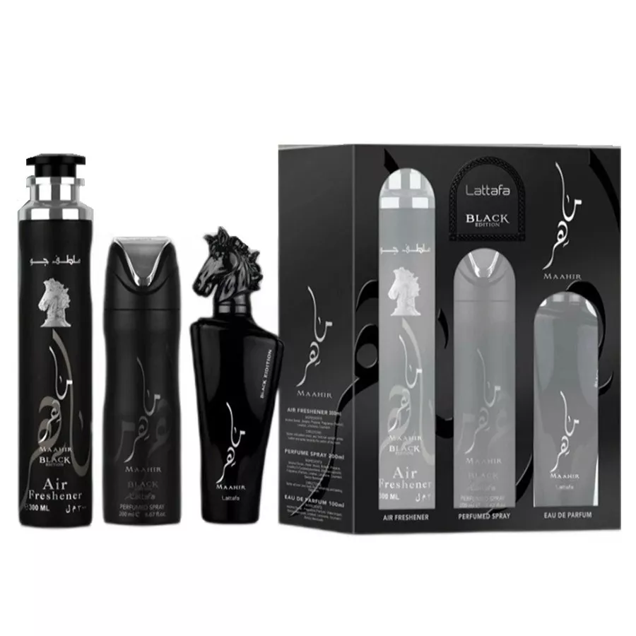 Lattafa Maahir Black Giftset + Deo + Air Fresh, 100 ml + 200 ml + 300 ml